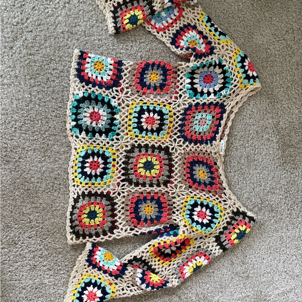 Handmade Crochet Boho Square Cardigan - Multicolor & Beige